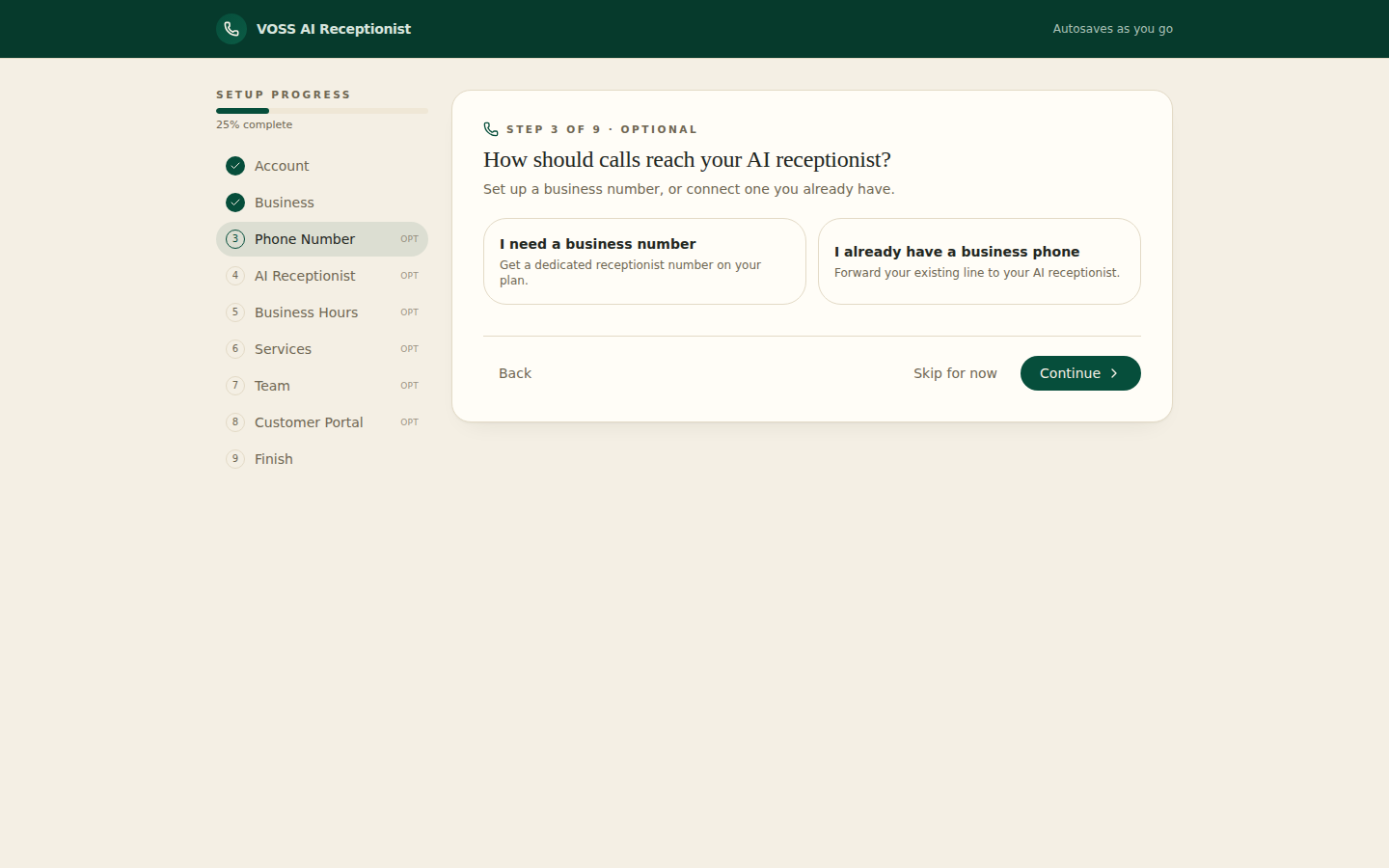 Business details, hours, services, and your AI receptionist.